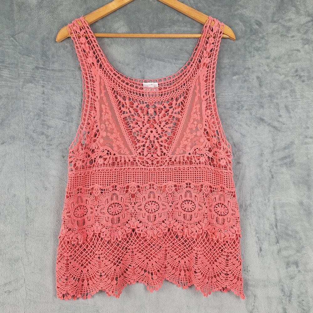 Womens Top L/XL Boho Floral Crochet Fairy Beach Festival Sheer Cottage Hippie